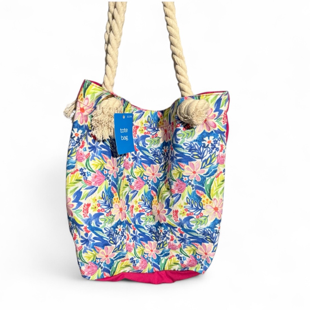 Floral Print Tote Bag Pink Back Rope Handles Large Beach Travel Shoulder Bag